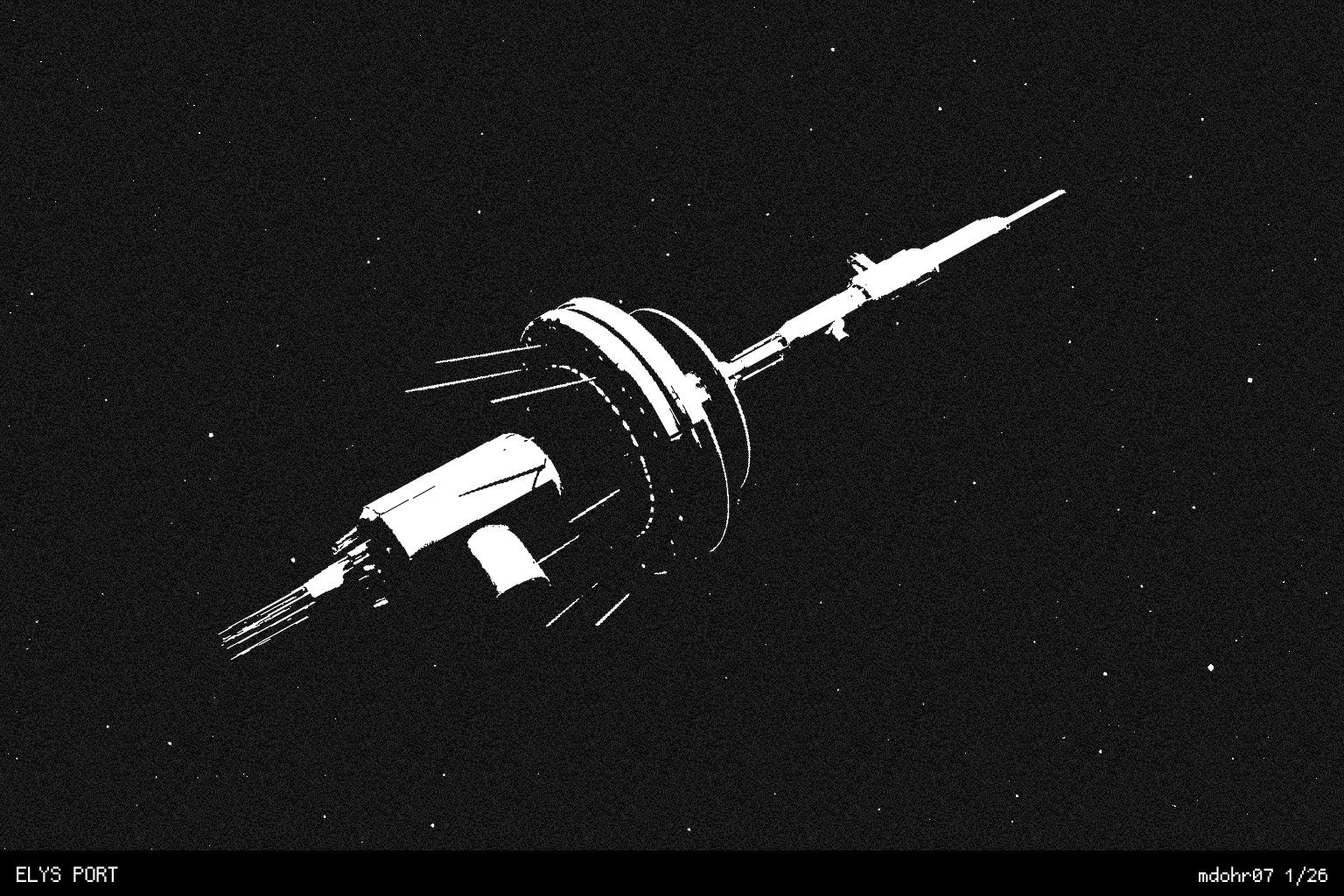 A greyscale artwork made using a 3D model. It's a white, long spaceport floating in space
