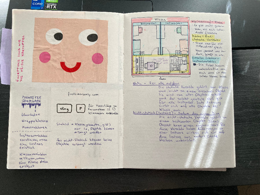 A spread in my old journal with a silly face, a drawing and notes on Java related stuff