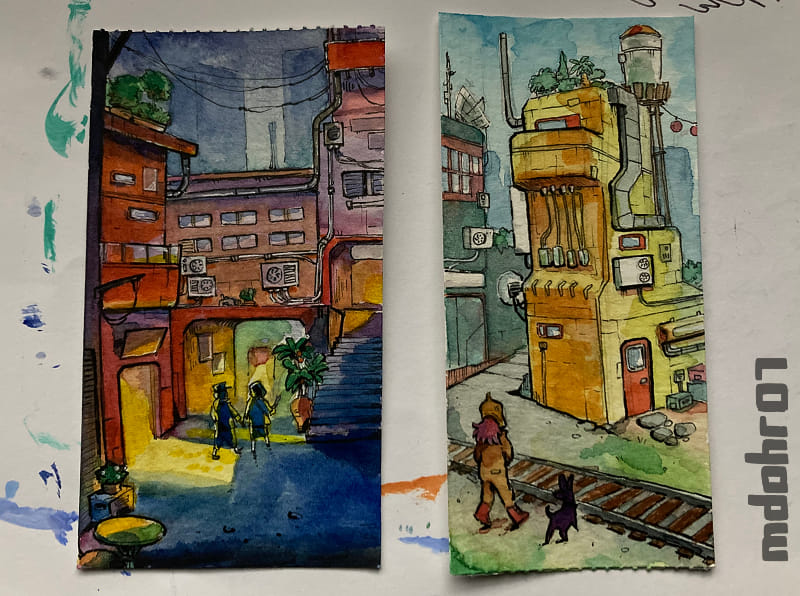 two little aquarelle paintings using thin outlines beside one another, both with colorful futuristic or post-apocalyptic sceneries