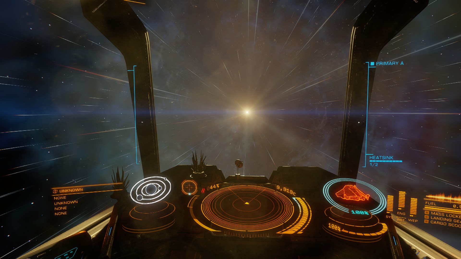 Cockpit-view from inside of the spaceship, entering hyperdrive - stars rushing by as blurry lines