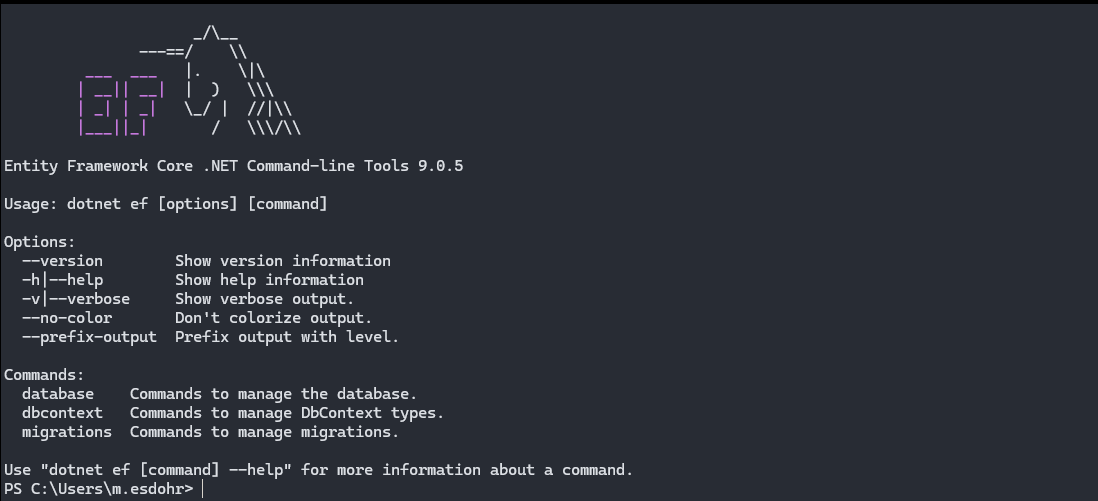 entity framework core install screen in the console with ascii unicorn