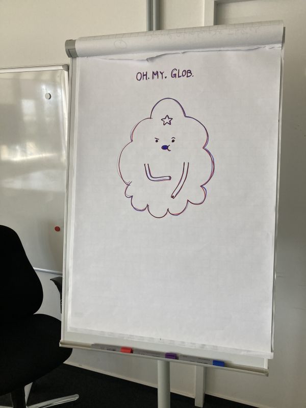 Oh.My.Glob. Big Lumpy Space Princess drawing on a flip chart