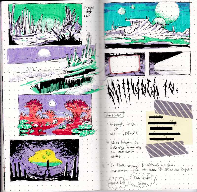 Ein paar kleine Skizzen in meinem Journal die Landschaften und Botanik fremder Planeten zeigen